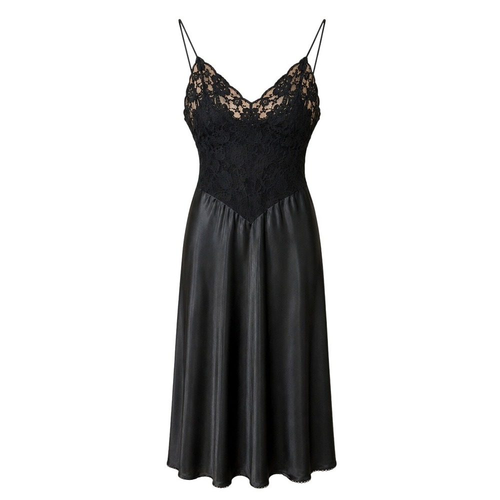 Vintage Lady Lynne Black Lace Satin Slip Dress Nightgown Union Made USA‎ 36 M